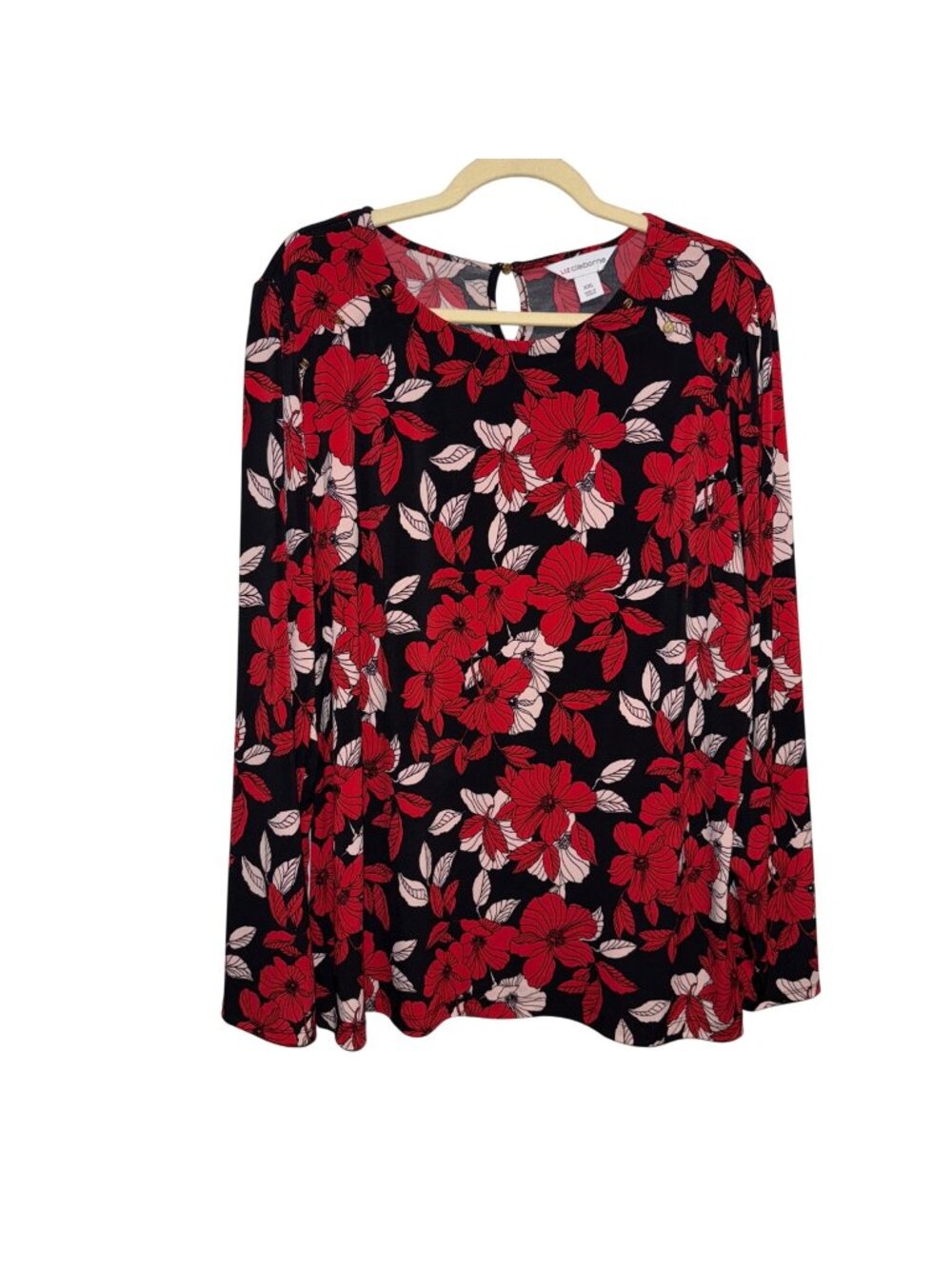 Liz Claiborne Floral Long Sleeve Blouse XXL Black & Red Keyhole Back
